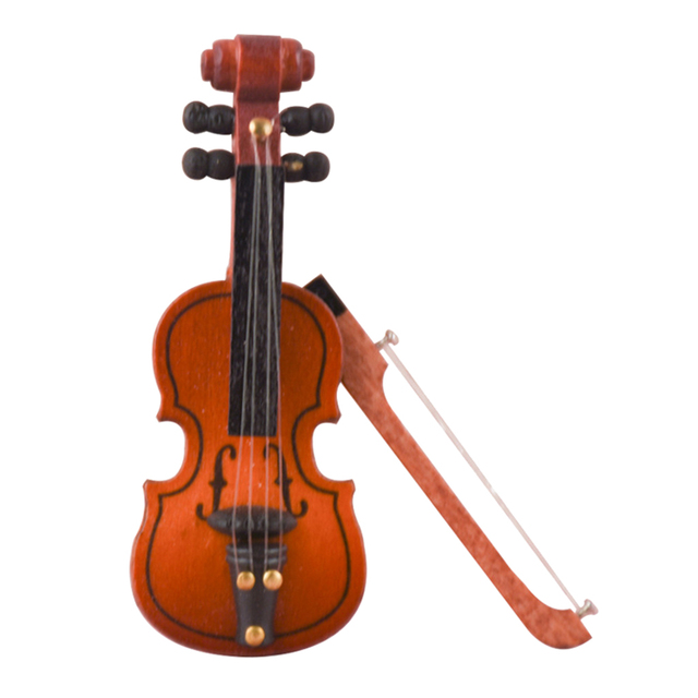 Dekoracyjne drewniane skrzypce dla lalek w skali 1:12 z kokardą - Wianko - 1