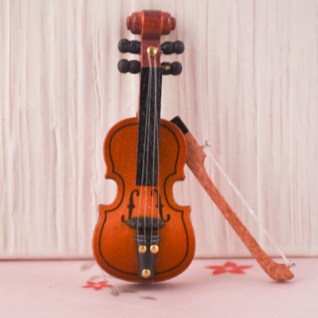 Dekoracyjne drewniane skrzypce dla lalek w skali 1:12 z kokardą - Wianko - 4