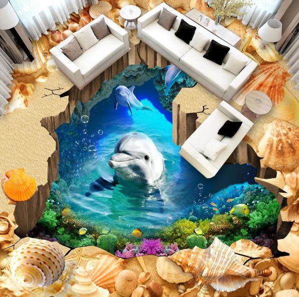 Winylowe płytki 3D plaża delfin - niestandardowa podłoga do pokoju dziecka, łazienki, pokoju gościnnego, basenu - samoprzylepne, wodoodporne - Wianko - 5