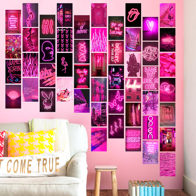 Naklejki ścienne w różowych neonowych kolorach - 50 sztuk, estetyczne, idealne do dekoracji pokoju, sypialni i salonu dla dorosłych - Wianko - 1