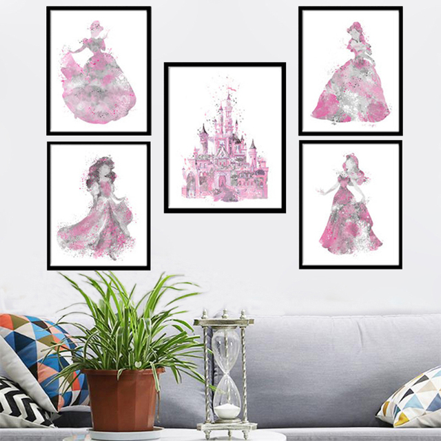 Dekoracyjny obraz Disney księżniczka dla dziewczynki – nadruk z akwareli: Śnieżka i Kopciuszek na płótnie do pokoju - Wianko - 6