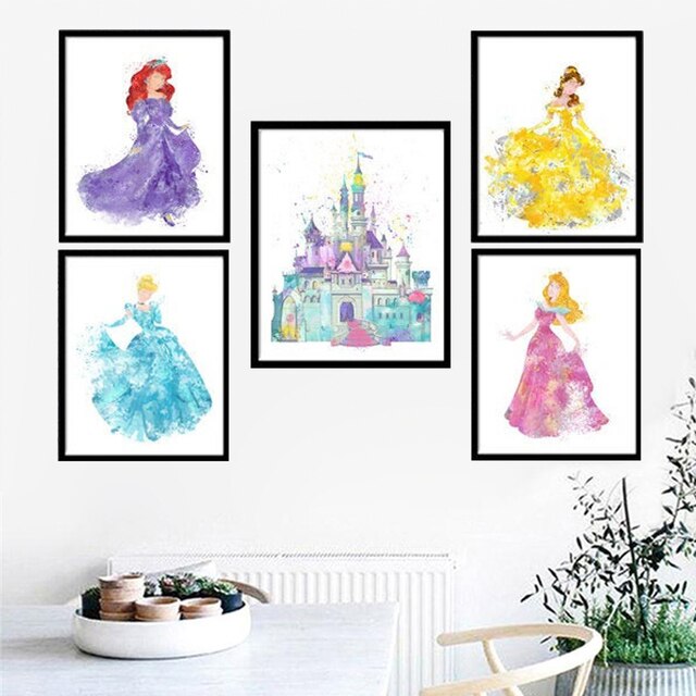 Dekoracyjny obraz Disney księżniczka dla dziewczynki – nadruk z akwareli: Śnieżka i Kopciuszek na płótnie do pokoju - Wianko - 3