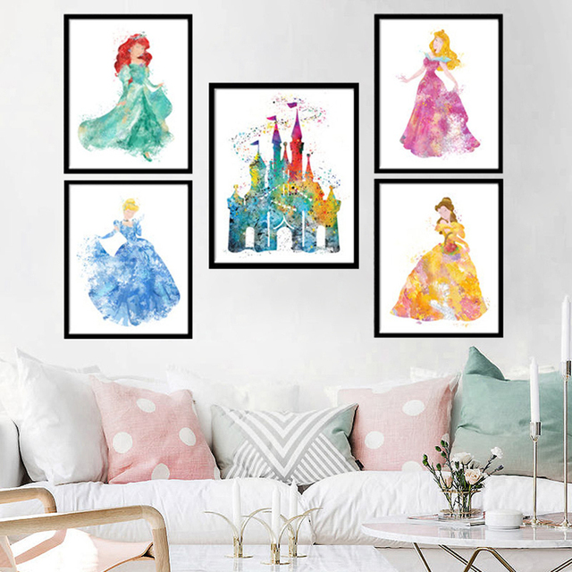 Dekoracyjny obraz Disney księżniczka dla dziewczynki – nadruk z akwareli: Śnieżka i Kopciuszek na płótnie do pokoju - Wianko - 2