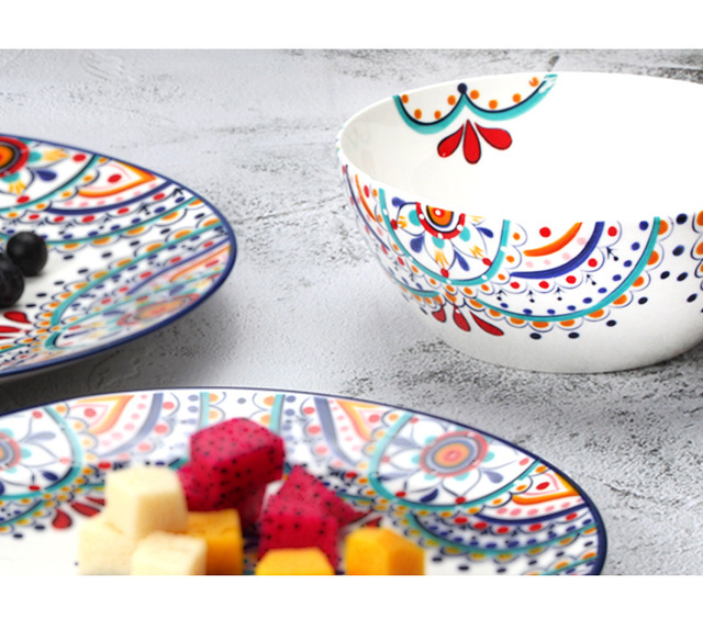 Ręcznie malowany ceramiczny talerz chiński - zestaw 11 calowych misek, patelnia do steków oraz salaterka - Wianko - 6