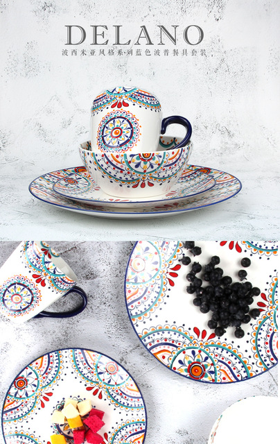 Ręcznie malowany ceramiczny talerz chiński - zestaw 11 calowych misek, patelnia do steków oraz salaterka - Wianko - 1