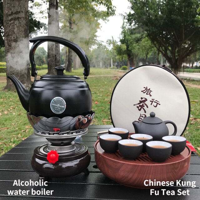 Przenośny zestaw do herbaty na zewnątrz - Czarka Kung Fu, lampa alkoholowa, kuchenka, dzbanek na herbatę, wiatroodporny kocioł, wrząca woda - Wianko - 7