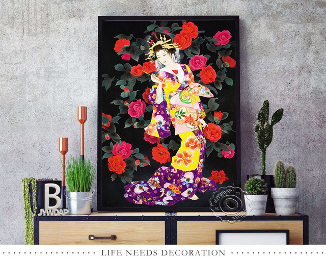 Wydruki artystyczne malarstwa na płótnie Haruyo Morita - gejsza w tradycyjnym kimono, ozdoba do pokoju - Wianko - 5