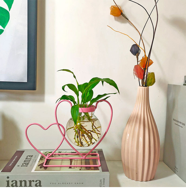 Doniczka ze szklanym pojemnikiem o kształcie serca, wykonana z różowego retro kutego żelaza, idealna do sadzenia sukulentów i roślin hydroponicznych - Wianko - 13