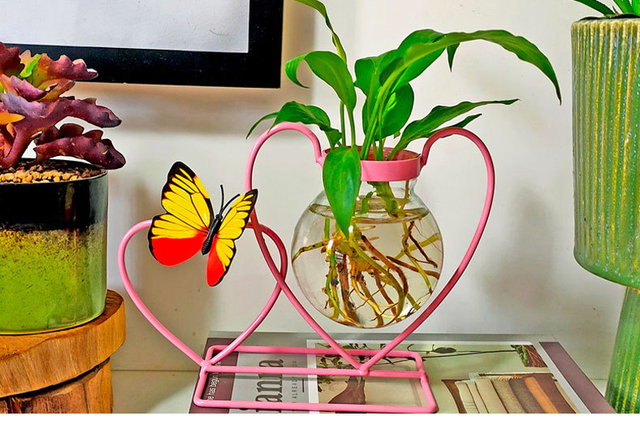 Doniczka ze szklanym pojemnikiem o kształcie serca, wykonana z różowego retro kutego żelaza, idealna do sadzenia sukulentów i roślin hydroponicznych - Wianko - 9