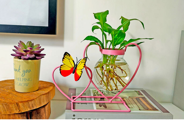 Doniczka ze szklanym pojemnikiem o kształcie serca, wykonana z różowego retro kutego żelaza, idealna do sadzenia sukulentów i roślin hydroponicznych - Wianko - 4