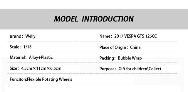Model motocykla WELLY 1:18 2017 VESPA GTS 125 z elastycznymi kołami - Wianko - 1