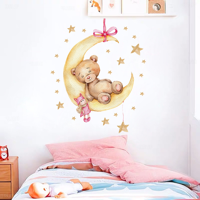 Naklejki ścienne dla dzieci - zwierzęta kreskówkowe na ksieżycu - niedźwiedź, słoń, akwarela, home decor - Wianko - 8