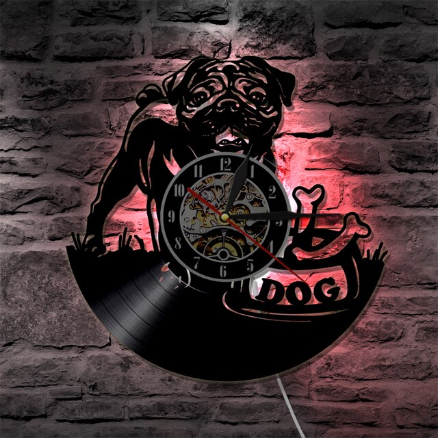 Zegar ścienne Puppy Vintage - dekoracja pokoju z płytą winylową przedstawiającą mopsa rasy buldog brytyjski, prezent dla miłośników psów - Wianko - 2