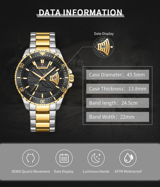 Zegarek męski NAVIFORCE Top marka luksusowy, wodoodporny, kalendarz, stal nierdzewna, sport, wojskowy, kwarcowy (model: 9191) - Wianko - 2
