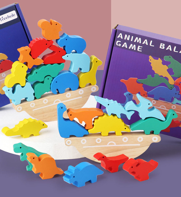 Drewniane puzzle 3D Montessori z motywem dinozaurów dla dzieci - edukacyjna zabawa z zachowaniem równowagi - Wianko - 1