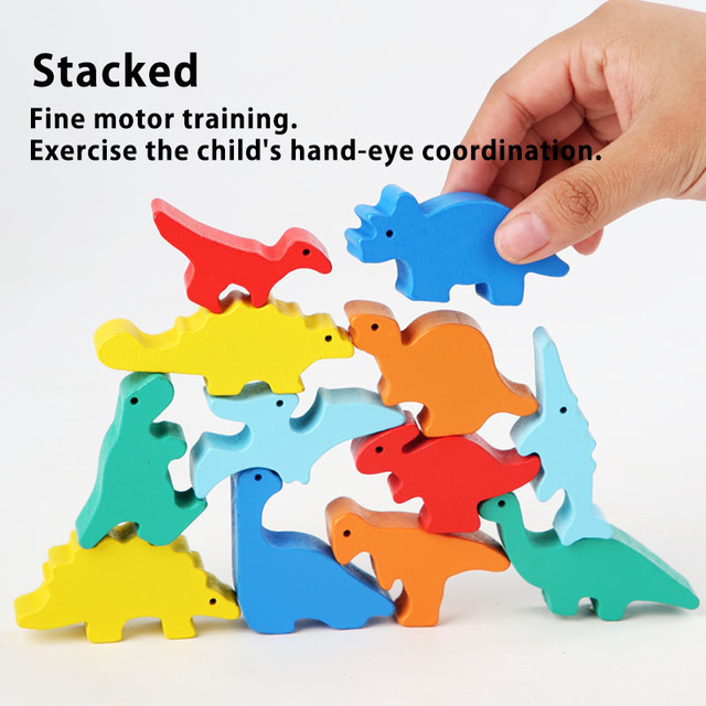 Drewniane puzzle 3D Montessori z motywem dinozaurów dla dzieci - edukacyjna zabawa z zachowaniem równowagi - Wianko - 2