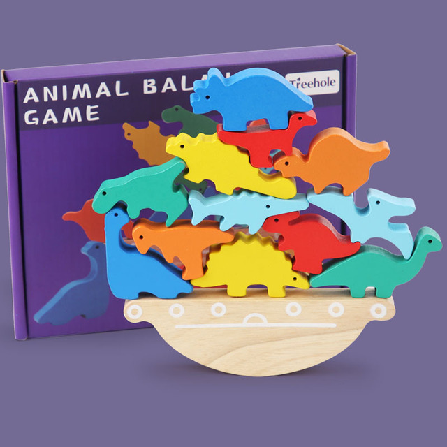 Drewniane puzzle 3D Montessori z motywem dinozaurów dla dzieci - edukacyjna zabawa z zachowaniem równowagi - Wianko - 7
