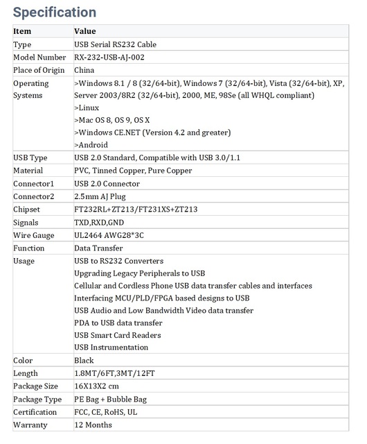 Kabel FTDI FT232RL USB-RS232 do programowania z gniazdem TRS 3P 2.5MM do audio JACK STEREO AJ - Wianko - 2