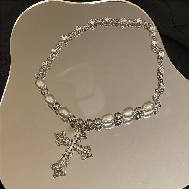 Vintage Rhinestone krzyż naszyjnik z perłami dla kobiet - Wianko - 6