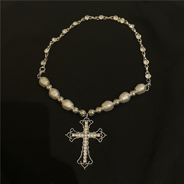 Vintage Rhinestone krzyż naszyjnik z perłami dla kobiet - Wianko - 7
