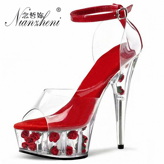 Wysokie czerwone sandały damskie z kryształkami, 15cm obcasy i gruby ściągacz - Wianko - 2