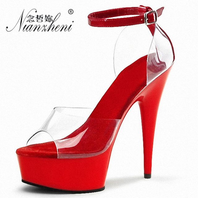 Wysokie czerwone sandały damskie z kryształkami, 15cm obcasy i gruby ściągacz - Wianko - 1