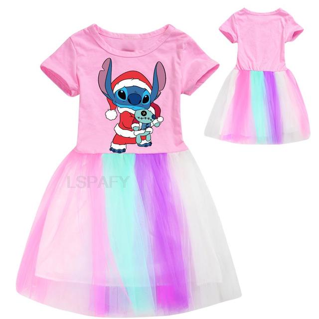 Dziecięce letnie sukienki Disney Stitch - księżniczka, Party Cartoon, tęczowa, tutu, odzież niemowlęca, bal urodzinowy - Wianko - 2