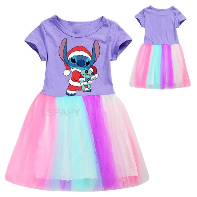Dziecięce letnie sukienki Disney Stitch - księżniczka, Party Cartoon, tęczowa, tutu, odzież niemowlęca, bal urodzinowy - Wianko - 3