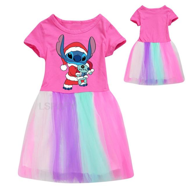 Dziecięce letnie sukienki Disney Stitch - księżniczka, Party Cartoon, tęczowa, tutu, odzież niemowlęca, bal urodzinowy - Wianko - 4