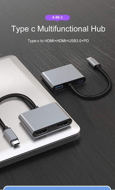 Hub USB 4k HD z dwoma wyjściami HDMI i złączem typu C kompatybilny z USB 3.0 - 87W PD, konwerter audio-wideo - Wianko - 1