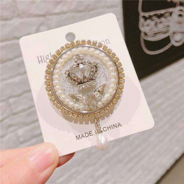 Koreańskie broszki - wysoka jakość, okrągły wieniec z perłą, kryształ i strasy w stylu vintage. Broszka do szala - klamra w stylu vintage, idealna dla kobiet - Wianko - 2