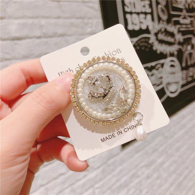 Koreańskie broszki - wysoka jakość, okrągły wieniec z perłą, kryształ i strasy w stylu vintage. Broszka do szala - klamra w stylu vintage, idealna dla kobiet - Wianko - 6