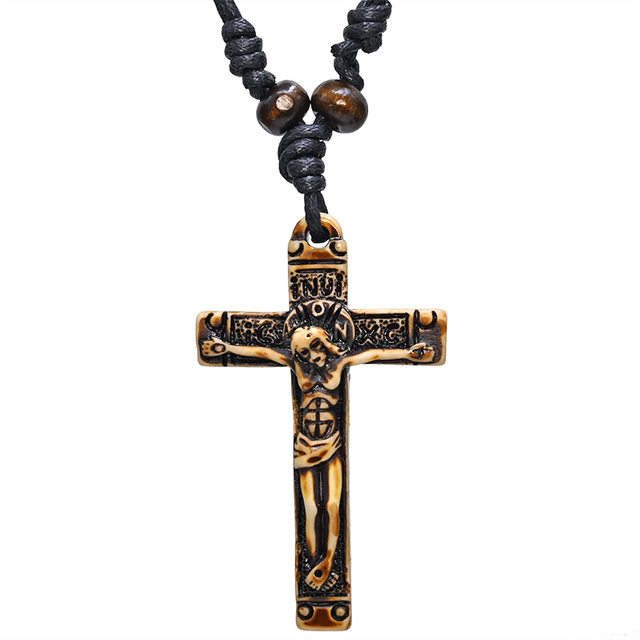 Naszyjnik z wisiorkiem katolicki krzyż jezus chrystus choker biżuteria retro styl choker imitacja yak kość - Wianko - 2