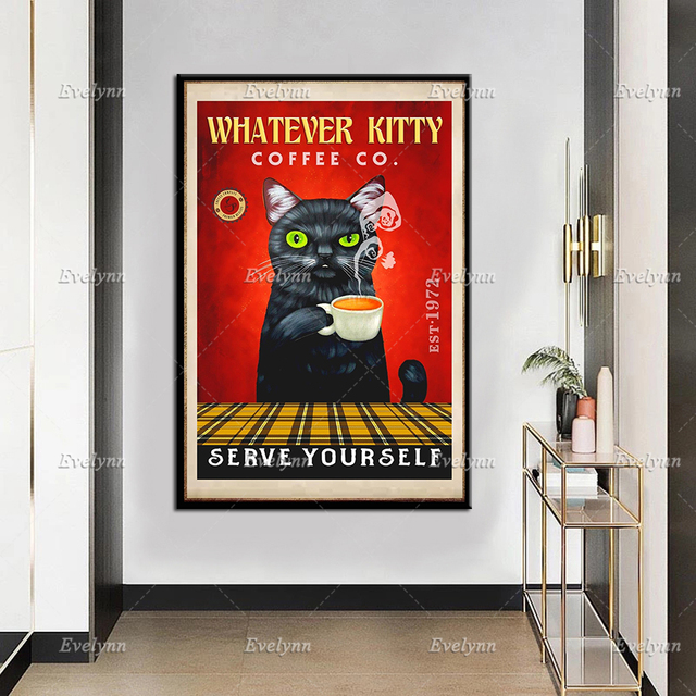 Plakat z czarnym kotem, śmieszne płótno kota, słodkie koty drukujące, czarne koty Home Decor Wall Art - Wianko - 4