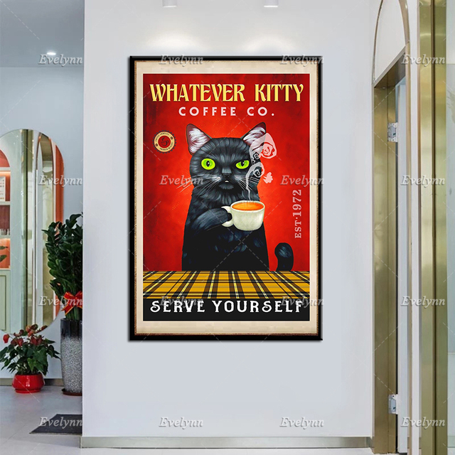 Plakat z czarnym kotem, śmieszne płótno kota, słodkie koty drukujące, czarne koty Home Decor Wall Art - Wianko - 2