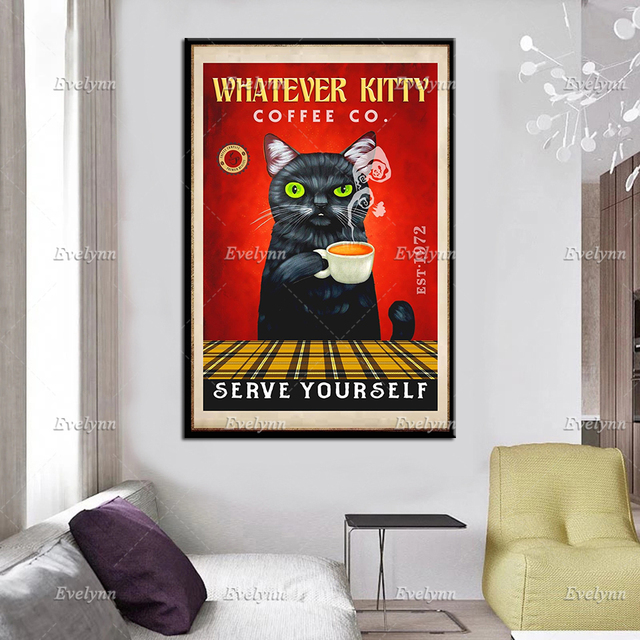 Plakat z czarnym kotem, śmieszne płótno kota, słodkie koty drukujące, czarne koty Home Decor Wall Art - Wianko - 3
