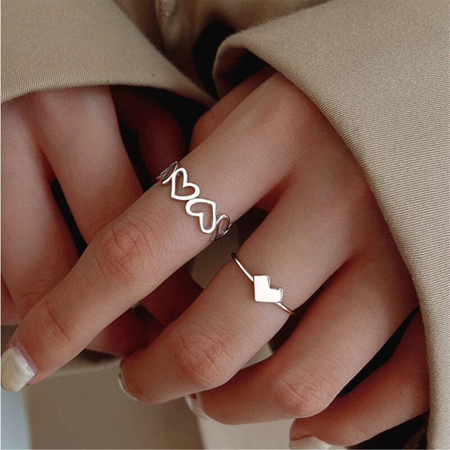 Posrebrzane pierścienie z niewypełnionym sercem - zestaw dla kobiet - moda 2021 - Wianko - 2