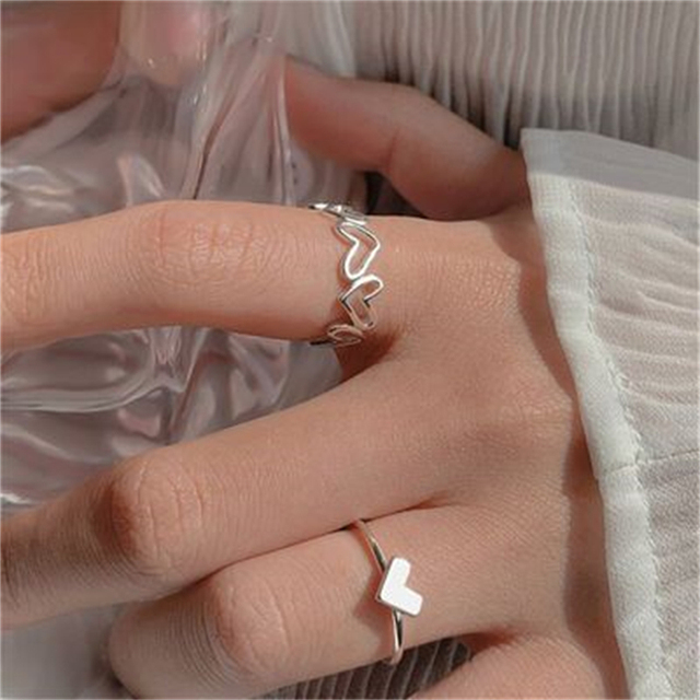 Posrebrzane pierścienie z niewypełnionym sercem - zestaw dla kobiet - moda 2021 - Wianko - 6