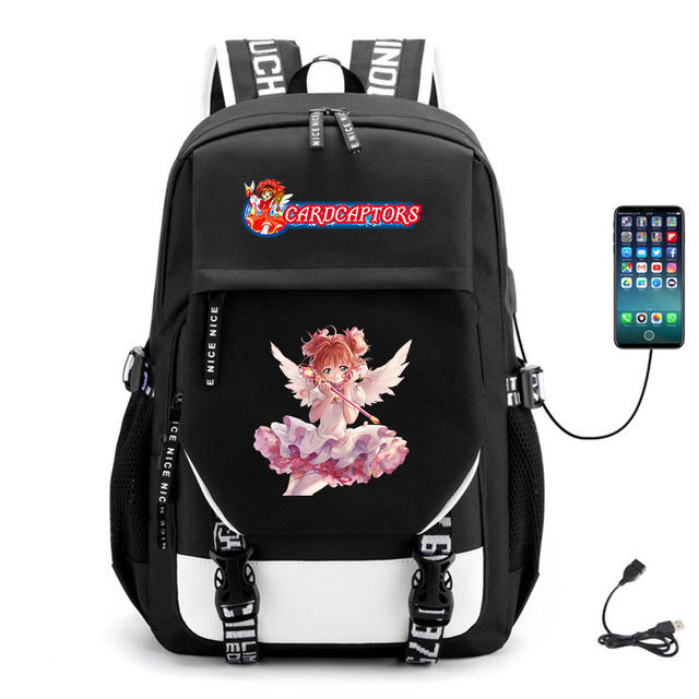 Plecak Anime Captor z USB, wykonany z wysokiej jakości płótna, idealny dla młodzieży i studentów, na co dzień, z miejscem na laptopa - Wianko - 2