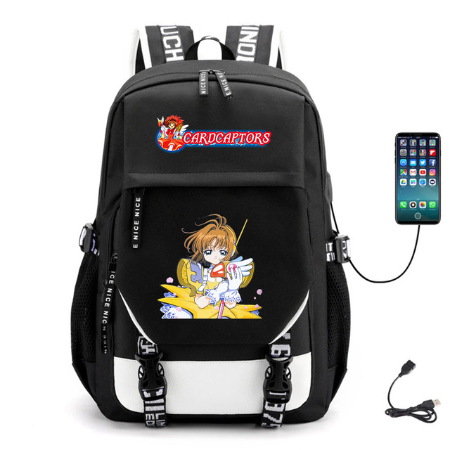 Plecak Anime Captor z USB, wykonany z wysokiej jakości płótna, idealny dla młodzieży i studentów, na co dzień, z miejscem na laptopa - Wianko - 4