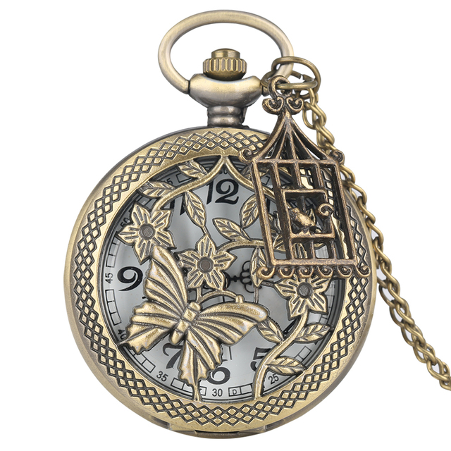 Zegarek kieszonkowy Steampunk motyl i kwiat w stylu Retro, brąz - Wianko - 4