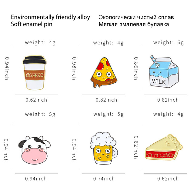 Zestaw emaliowanych pinów - kawa z mlekiem, niestandardowe krowy, pizza, piwo i jedzenie - Wianko - 1