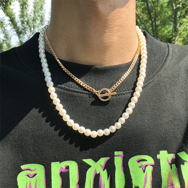 Naszyjnik dwuwarstwowy w stylu hip-hop z imitacją pereł, z prostą OT klamrą - biżuteria męska - Wianko - 2