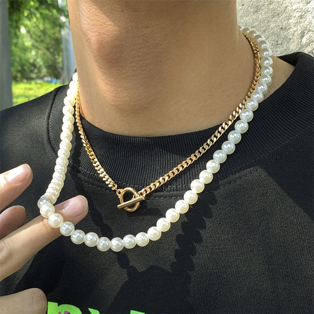 Naszyjnik dwuwarstwowy w stylu hip-hop z imitacją pereł, z prostą OT klamrą - biżuteria męska - Wianko - 1
