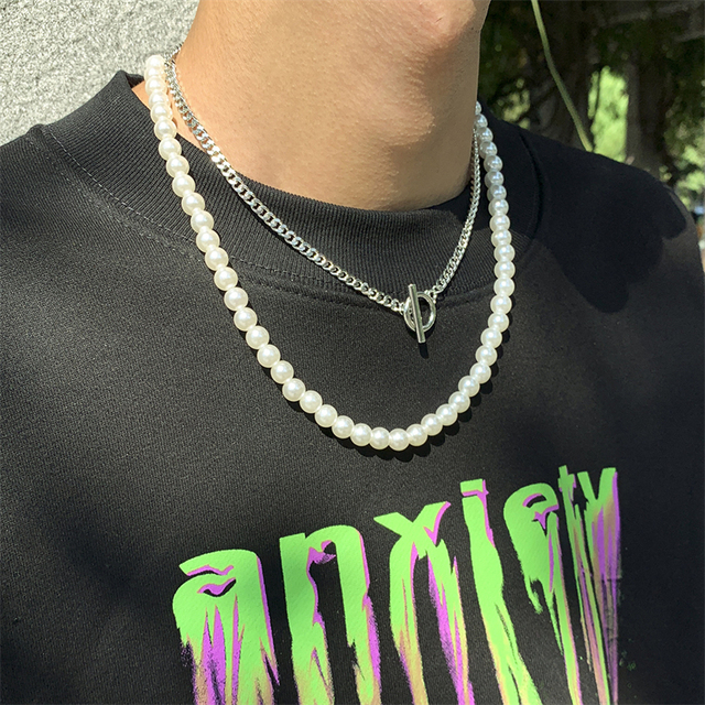 Naszyjnik dwuwarstwowy w stylu hip-hop z imitacją pereł, z prostą OT klamrą - biżuteria męska - Wianko - 3