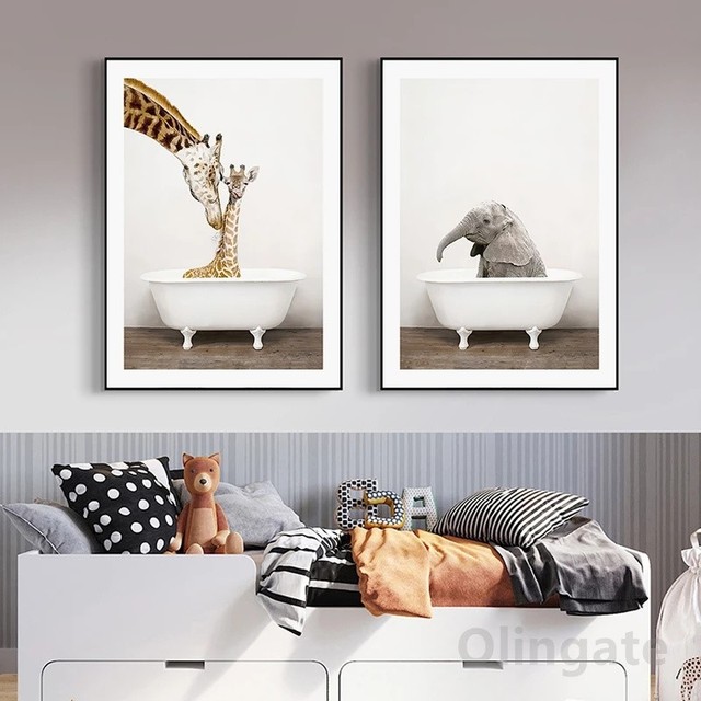 Plakat malarstwa na płótnie z motywem dzikich zwierząt dla dzieci - żyrafa, słoń, panda - Wianko - 3
