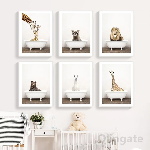Plakat malarstwa na płótnie z motywem dzikich zwierząt dla dzieci - żyrafa, słoń, panda - Wianko - 1