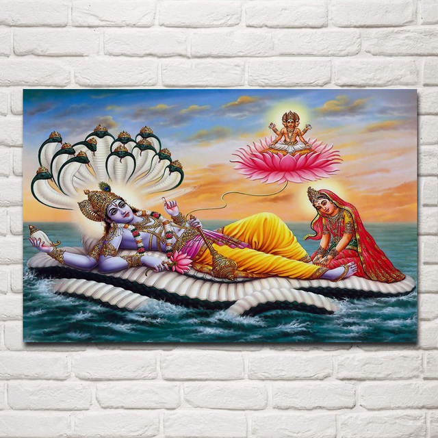 Plakat drewniany z tkaniny z wizerunkiem boga hinduskiego Lorda Vishnu na morzu Indyjskim - dekoracja ściany do domu Rama (EX504) - Wianko - 1