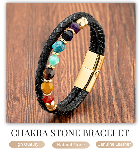 Nowa geometryczna bransoletka z naturalnego kamienia - modna biżuteria na rękę z czarną prawdziwą skórą dla kobiet i mężczyzn - Wianko - 1