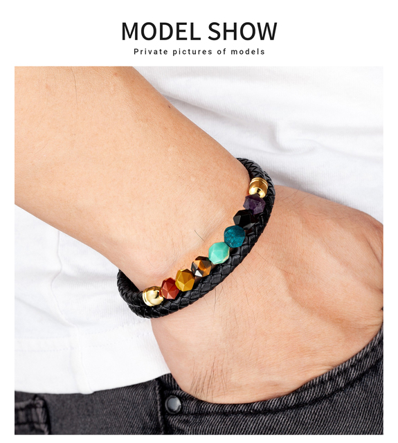 Nowa geometryczna bransoletka z naturalnego kamienia - modna biżuteria na rękę z czarną prawdziwą skórą dla kobiet i mężczyzn - Wianko - 12